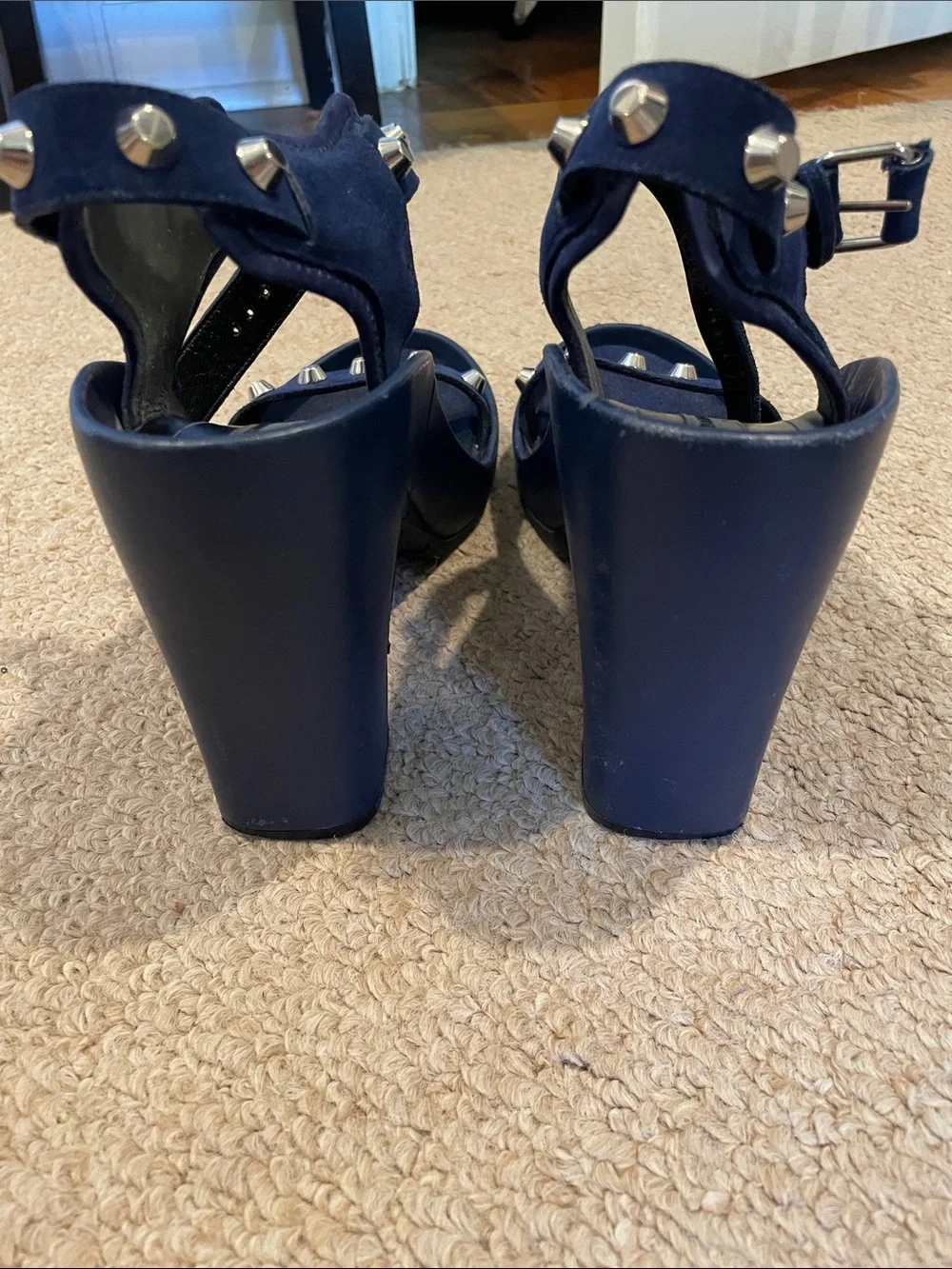 Balenciaga Women’s Navy Studded Block Heel Sandals - Picture 6 of 9